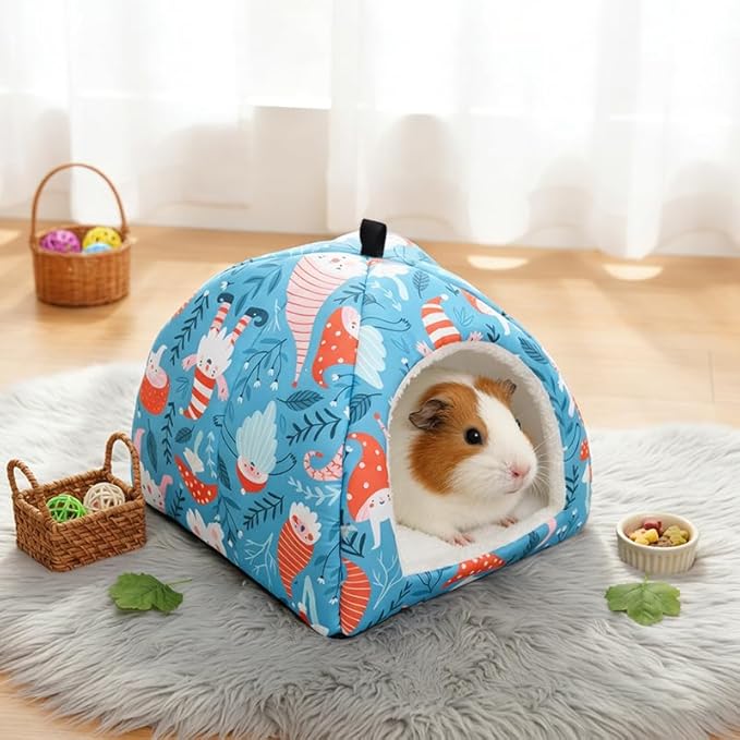 Guinea Pig Tunnel and Bed 2-Pack Set, Chew Proof Small Animal Hideout & Play Tube with Soft Bedding, Holiday Christmas or Natural Leaf Design for Guinea Pigs, Hamsters, Rabbits (Blue)