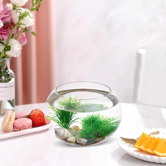 GANAZONO Glass Round Fish Tank 7.87X7.87X6.29 Inch Clear Small Fish Bowl Desktop Aquarium for Goldfish Home Office Wedding Decoration and Hydroponic Vase