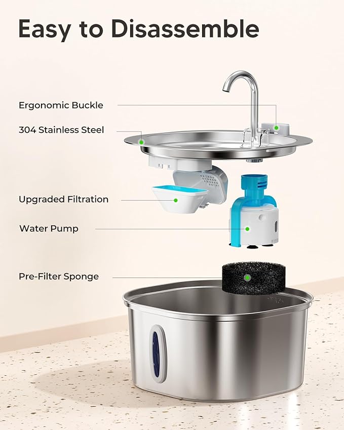 PEKTACO Stainless Steel Cat Water Fountain, 3.2L/108oz Cat Water Dispenser with Quiet Water Pump and Water-Level Window, Dishwasher Safe Pet Drinking Fountain for Cats with 6 Filters + 6 Sponges