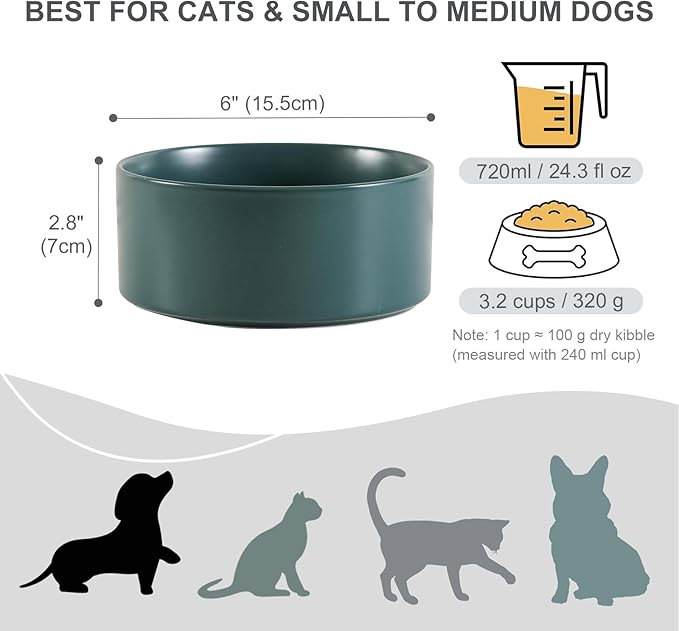 Ceramic Dog Bowl for Food and Water - Pet Feeder Bowl for Small to Medium Dogs and Large Cats - Heavy Ceramic Feeding Dish with Non Slip Base - Dishwasher & Microwave Safe - 2 Pack - 6 Inch - Green