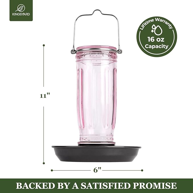 Kingsyard Glass Bird Water Dispenser for Outdoor, 16 Oz, Bird Water Feeder with Metal Hanging for Garden Yard Fence Decoration Hummingbird Cardinal Bluebird Finch, Pink