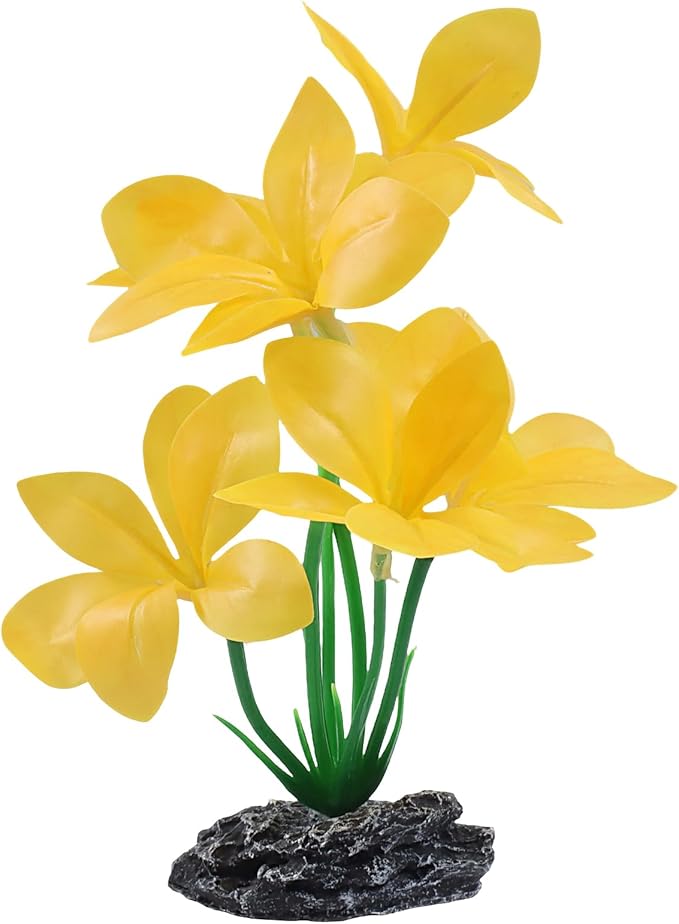 Aquarium Plants Fish Tank Decorations 6.69 Inch Artificial Plastic Plants with Weighted Base, Soft Silk Leaves Realistic Design for Betta Fish Reptile Tank Habitat Decor (Yellow Type-A)