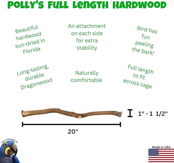 Polly's Full Length Hardwood Bird Perch, 20-Inch