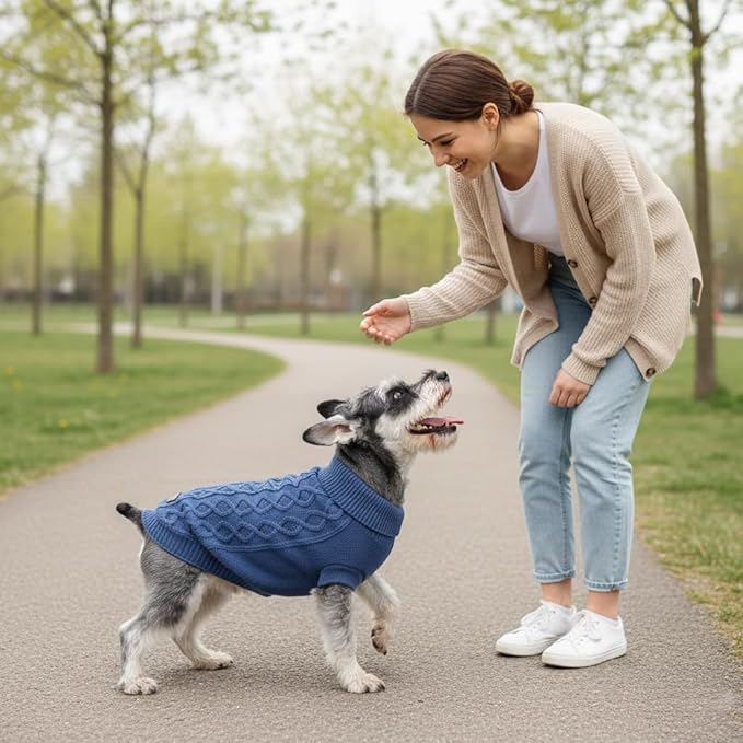 Small Dog Sweater, Soft Knit Dog Clothes for Spring Transition, Lightweight Puppy Outfit for Pomeranian, Yorkie, Chihuahua; Stylish Doggy Apparel for Spring Morning Walks (Dark Blue, M)