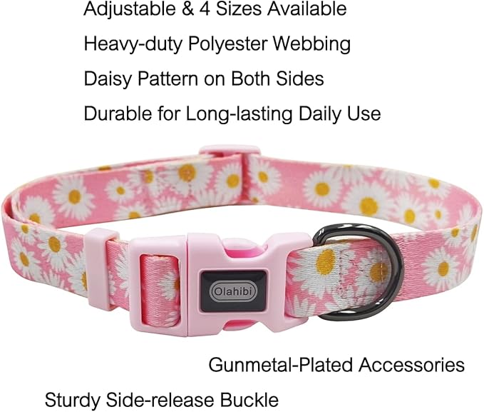 Dog Collar Leash Set, Floral Pattern, Polyester Material, Adjustable Collar and 5ft Matchcing Leash, for Puppy Dogs.(XS, Light Pink Daisy)