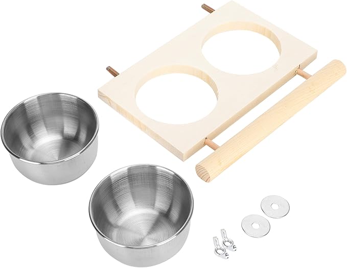 Bird Food Stainless Steel Cups, Parrots Feeding Dish Cups with Wooden Platform, Stainless Steel Food Water Feeder Cage Accessory with StandDouble Bowl