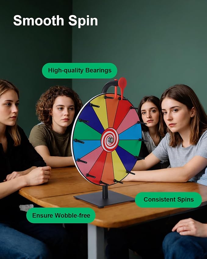 12 Inch Spinning Wheel for Prizes, 14 Slots Prize Wheel with Stand, Customizable Spinner Game for Classroom, Carnival, and Office Events