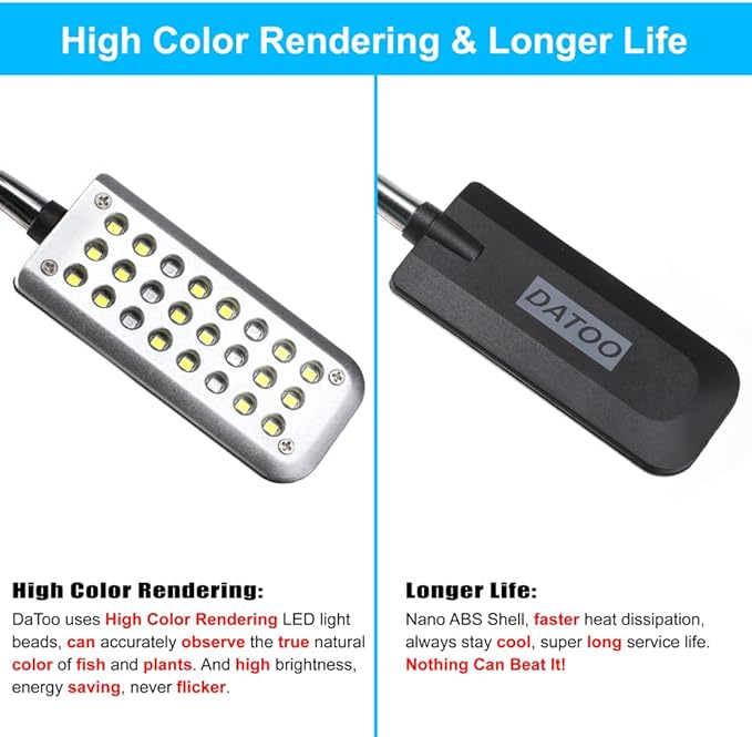 DaToo Aquarium Light Small LED Clip Light for Fish Tank 1.5W with Timer&Dimmer, 1 Yr Warranty