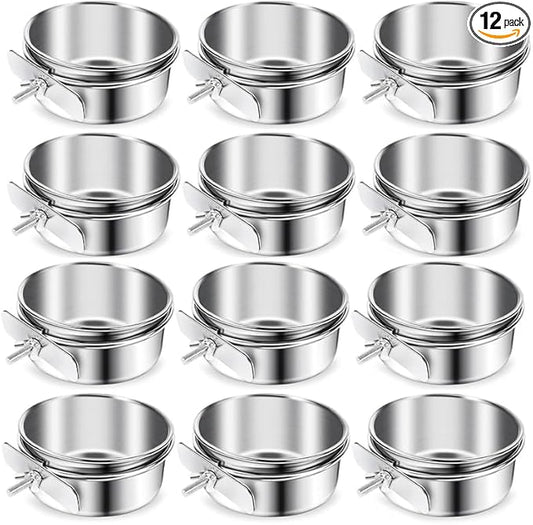 12 Pcs Stainless Steel Bird Food Bowls, 10 oz Bird Water Bowls with Clamp Holders, Parrot Cage Coop Feeders for Cockatiel Conure Budgie Parakeet Macaw (12PC-10oz Stainless Steel Bowl)