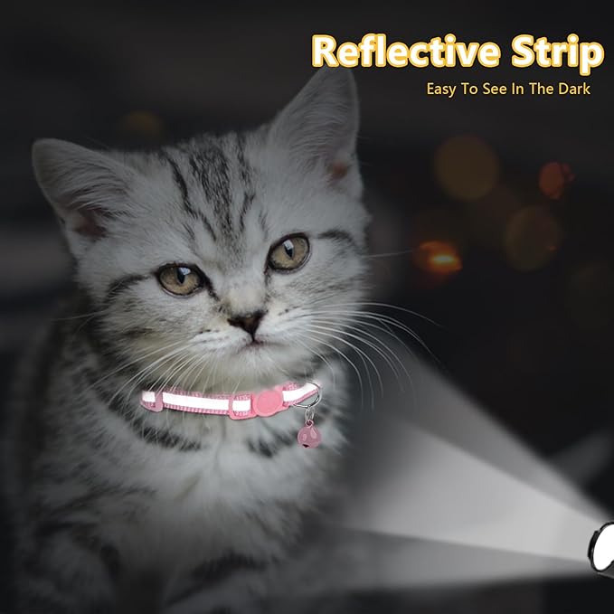 Taglory Kitten Collar Breakaway with Bell, Reflective Soft Cat Collar for Small Kittens, Adjustable 6-8 Inch High Visibility Night Strip, Lightweight for 2-6 Months Baby Cats, 2 Pack, Pink