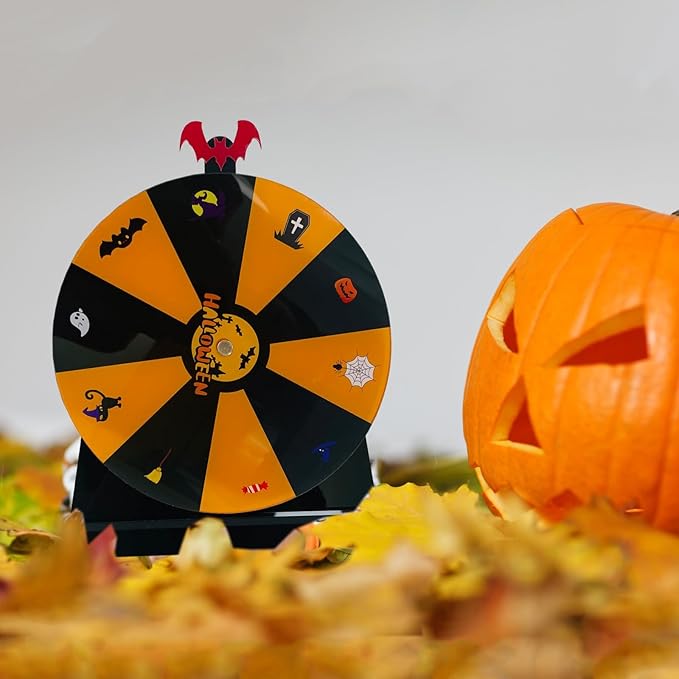 iobiotio Halloween Party Spinning Prize Wheel, 8 inch Halloween Game Spinner Wheel for Prizes with Stand, 10 Slots Color Small Tabletop Roulette Spinner, Easy Assembly and Erasable, Portable