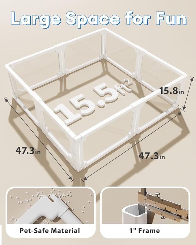 BUCATSTATE Acrylic Guinea Pig Cages for 2, 15.5 sq ft Guinea Pigs Playpen with Door, Clear Rabbit Playpen Indoor for Pigges, Hedgehogs, Quail, Chickens (47" L x 47" W x 16" H, 8 Panels)