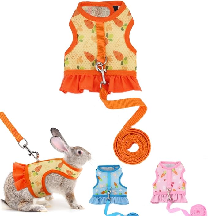 Rabbit Harness and Leash Set, Bunny Vest Guinea Pig Clothes Ferret Rats Hamster Escape-Proof Soft Mesh Cute Carrot Pattern for Chinchilla Small Animals Pet Kitten Puppy Orange M