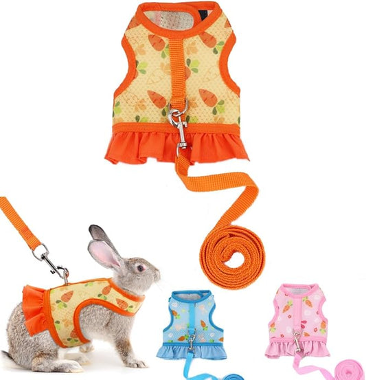 Rabbit Harness and Leash Set, Bunny Vest Guinea Pig Clothes Ferret Rats Hamster Escape-Proof Soft Mesh Cute Carrot Pattern for Chinchilla Small Animals Pet Kitten Puppy Orange M