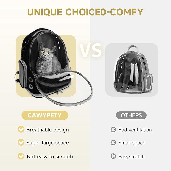 Cawypety Cat Backpack Carrier, Breathable Cat Carrier Large Space Bubble Pet Backpack for Kitty Small Dog up to 12lbs, Transparent & Foldable Pet Carrier for Travel Hiking (Black