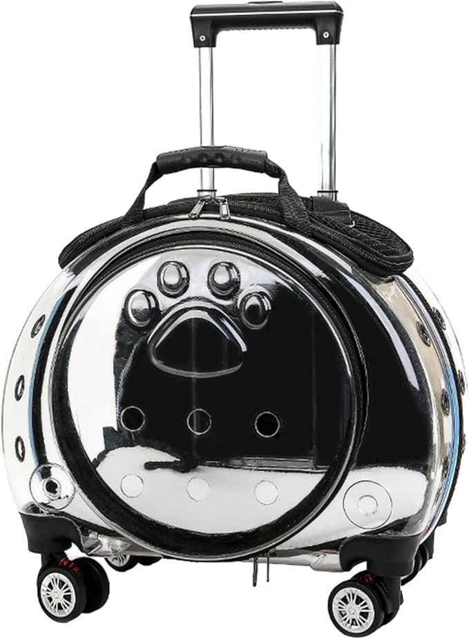 Cat Carrier with Silent Wheels Telescopic Handle, Transparent Bubble Cat Carrier, Pet Trolley Case with Clear Ventilation Holes, Portable Cats Dogs Backpack, Pet Rolling Carrier Bag for Hiki