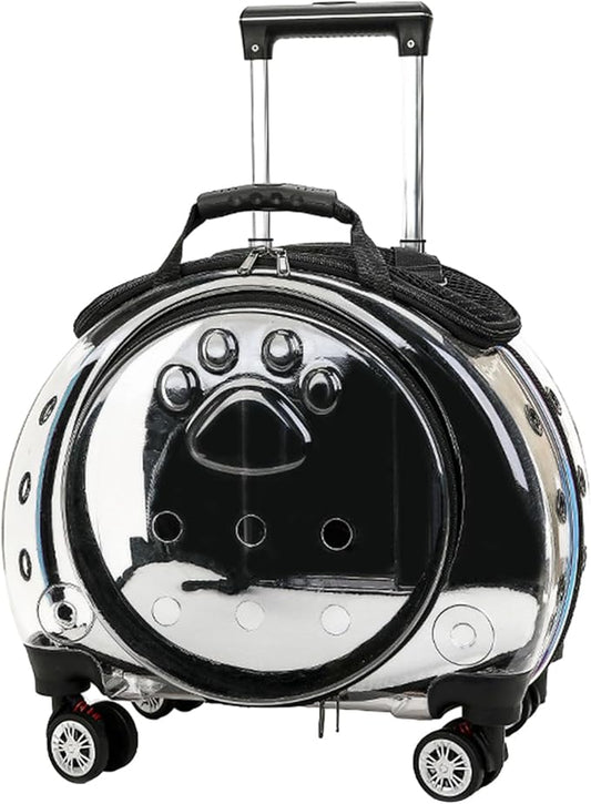 Cat Carrier with Silent Wheels Telescopic Handle, Transparent Bubble Cat Carrier, Pet Trolley Case with Clear Ventilation Holes, Portable Cats Dogs Backpack, Pet Rolling Carrier Bag for Hiki