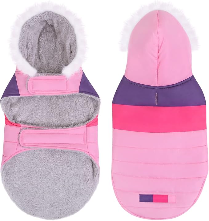 HDE Dog Puffer Jacket Fleece Lined Warm Dog Parka Winter Coat with Harness Hole Pink Stripe - S