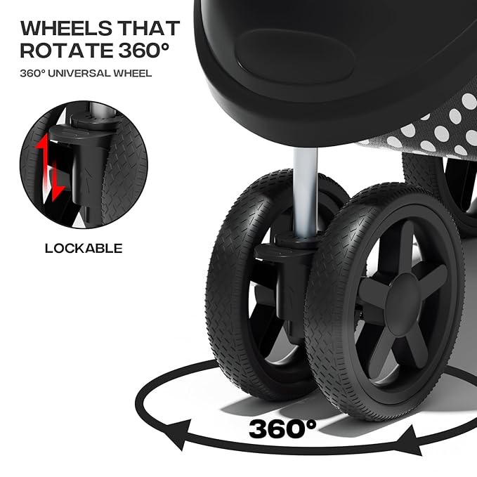 Pet Stroller for Small Dogs 10 lbs, Dog Stroller for Medium Dogs 30 lbs, Cat Strollers for 2 Cats, 3 Wheels Foldable Jogger Puppy Stroller with Storage Basket and Cup Holder, Black Polka Dots