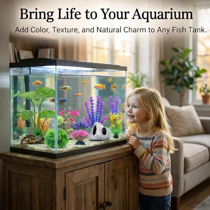 9 Fish Tank Decorations Set Aquarium Decor, Rock Cave Hideout, Artificial Aquarium Plants Plastic Betta Leaf Hammock Goldfish Betta Fish Tank Accessories Small Large Fish Bowl Ornaments
