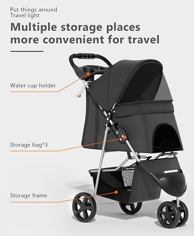 OS MOTOR Pet Stroller with 3 Wheels for Small/Medium Pets, Portable Travel Foldable Carrier Jogger for Dog Cat Puppy Kitty, Rear Wheel Breaks, Storage Basket, Visible Mesh with Weather Cover (Black)