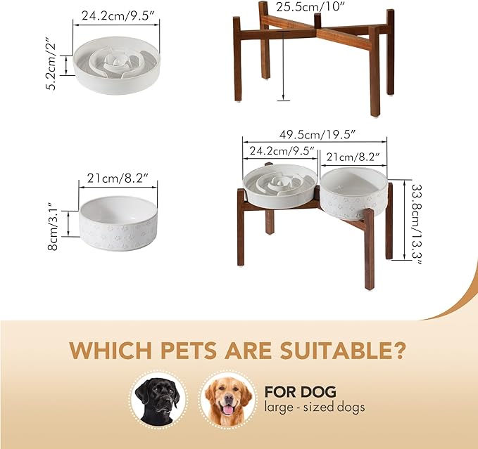 Havniva Elevated Slow Feeder Dog Bowls, 3.2 Cups/9.5 inch Slow Feeders + 8.2 inch Ceramic Dog Food & Water Bowls Set with Acacia Wood Stand Puzzle Bowls for Fast Eater, Large Dogs Anti-Choking