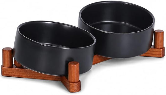Elevated Ceramic Dog Bowls for Small Dogs, Adjustable Wooden Stand with Raised Food & Water Bowls, Modern Pet Feeding Station for Cats and Small Dogs, Non-Slip 13.5oz Black | Adjustable Wooden Stand