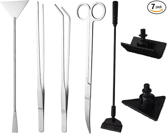 7 Pcs Aquarium Aquascape Tools Kit, Stainless Steel Aquatic Plant Aquascaping Set with Straight/Curved Long Tweezers Scissors Spatula Algae Scraper & 2 Replacement Heads Fish Tank Cleaning Kit
