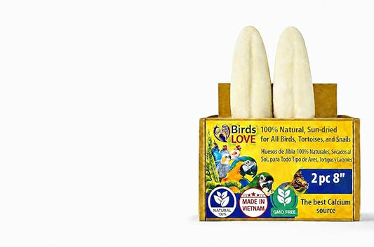 Birds LOVE 7.5-8" Cuttlebone for Birds – 100% Natural Sun-Dried Calcium Carbonate Mineral Supplement – for Parakeets, Budgies, Cockatiels, Finches & Canaries – 2 Pack with Holder – Made in Vietnam