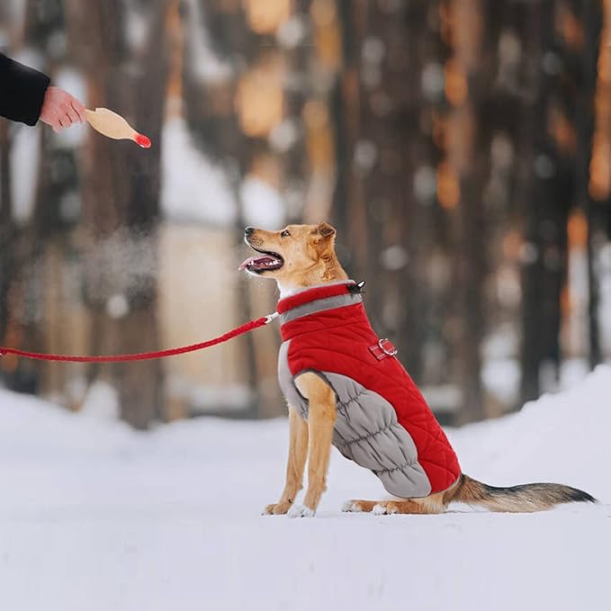 Lelepet Dog Coat Warm Dog Winter Coat Waterproof Dogs Jacket with Harness Built in Reflective Pet Fleece Vest Zip-Up Cold Weather Coats for Large Dogs Turtleneck & Windproof Coats Boxer Red XL