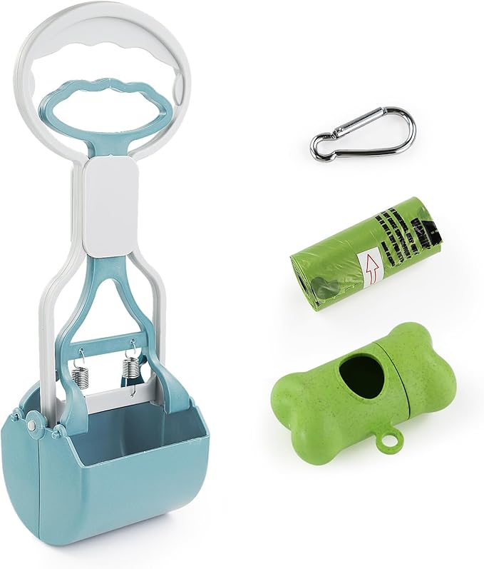 Andiker Dog Pooper Scooper with Short Handle, 10.23" Tall Dual-Spring Pet Pooper Scooper with 1 Roll of Dog Poop Bag and a Dispenser Easy to Use Dog Poop Scooper for Yard Picking Waste Up (Blue)