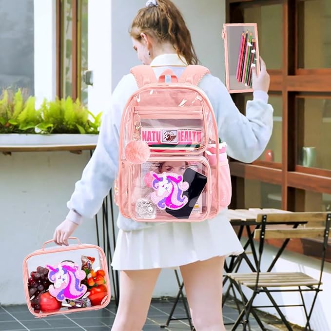 Clear Backpack for Girls and Boys, Kids Transparent Bookbag, 3PCS Cute See Through School Bag for Elementary Prechool