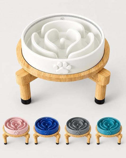 Slow Feeder Dog Bowls – Elevated Dog Bowl Slow Feeder with Bamboo Stand– Microwaveable Dog Slow Feeder for Small and Medium Dogs – Lead and BPA-Free Ceramic Pet Bowl – Pet Feeder for Fast Eaters