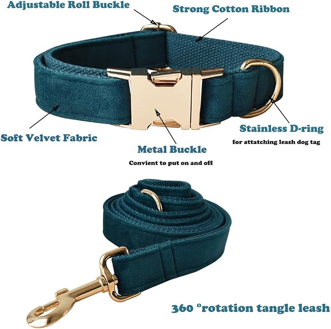 Love Dream Velvet Dog Collar and Leash Set, Soft & Comfy Adjustable Dog Leash and Collar with Heavy Duty Metal Buckle for Small Medium Large Dogs Training & Walking (Small, Peacock Green)