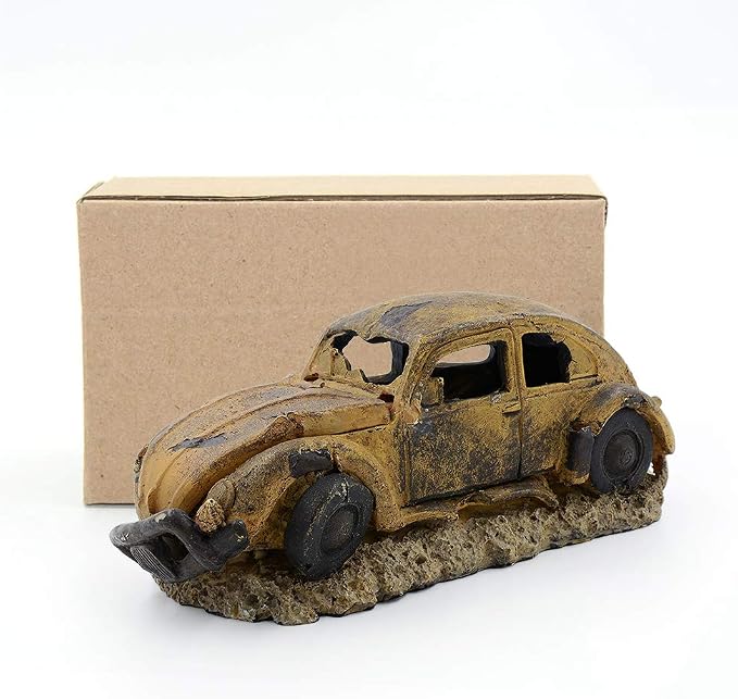 Aquarium Resin Ornament Decor, Imitation Car Wreck with Air Stone | Unique sunken car decoration for fish tank, Works with air pump to create bubble effect. Safe resin,non-toxic for fish