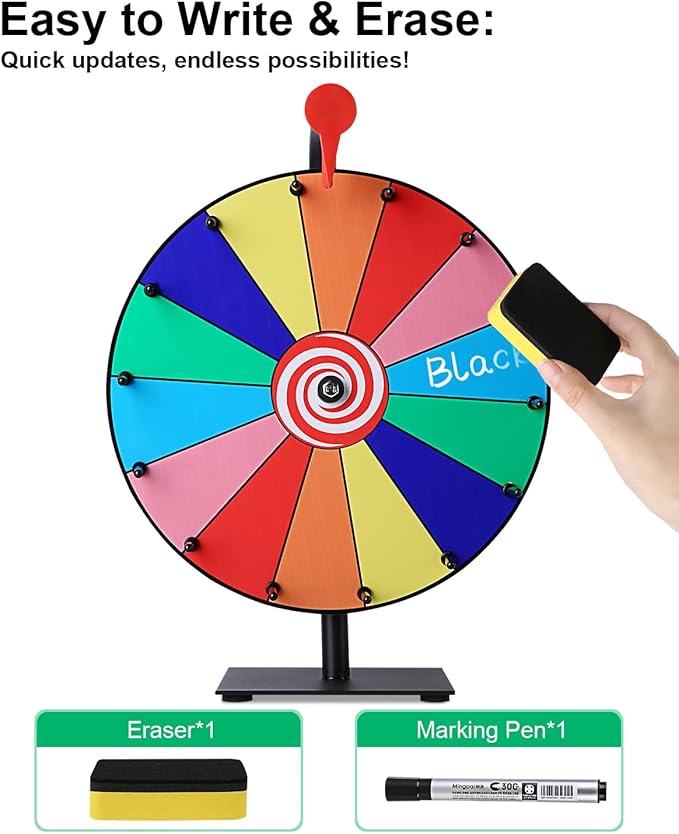 12 Inch Spinning Wheel for Prizes, 14 Slots Prize Wheel with Stand, Customizable Spinner Game for Classroom, Carnival, and Office Events