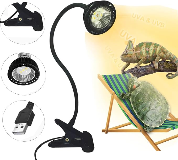 USB Powered Reptile Light UVA UVB 5.0 Basking Lamp with Holder - 360° Adjustable Metal Clamp for Turtle Tank, Lizards & Snakes | 5-12V Safe Voltage, 3W