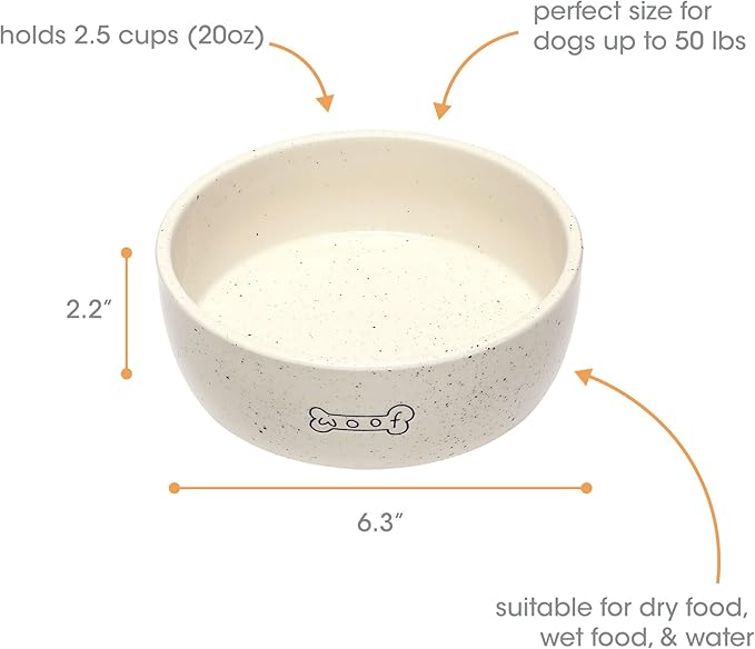 Pearhead Ceramic Dog Bowl – “Woof” Speckled Pet Food & Water Dish, Durable Stoneware, Non-Slip Heavy Base, 20 oz, Medium