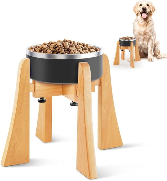 Elevated Bowl Stand Set 10-inch with Heavy Duty Beech Wood Made, Anti-Vomit Design for Medium Breed, Senior Dogs, Ergonomic Neck Protecting, Adjustable Diameter, Easy Clean Non Toxic
