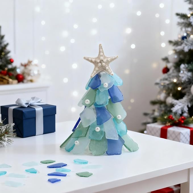 SUREAM 26OZ Sea Glass Christmas Tree, Bulk Sea Glass for Crafts | Blue/Green/White Glass Stones for Vases, Wedding, Party, DIY Craft Supplies