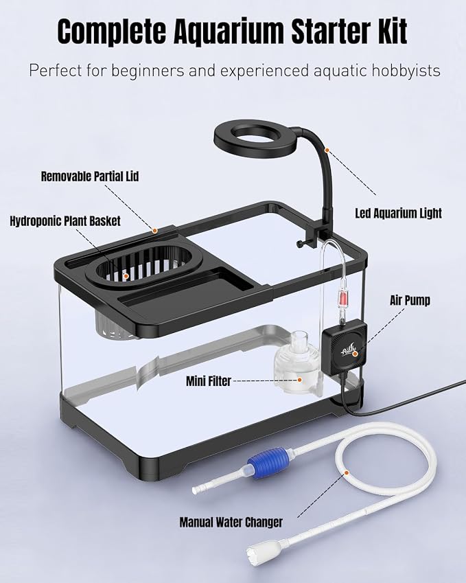 Pawfly 2 Gallon Fish Tank, Ultra Clear Aquarium Starter Kit with 6 W LED Aquarium Light, Mini Air Pump, Filter, Siphon Vacuum Water Changer & Basket, Small Fish Tank for Betta