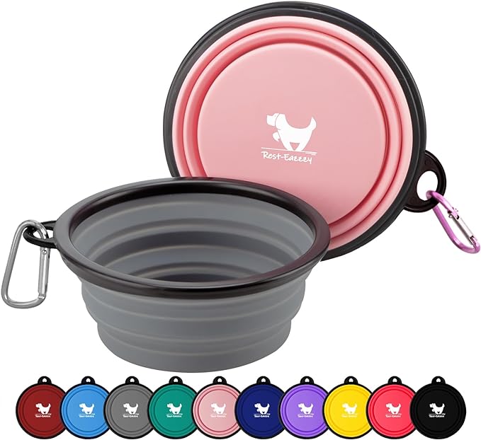 Collapsible Dog Bowls for Travel, 2-Pack Dog Portable Water Bowl for Dogs Cats Pet Foldable Feeding Watering Dish for Traveling Camping with Carabiners, BPA Free (Grey&Pink, Large)