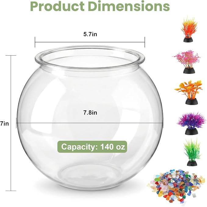 1 Gallon Clear Plastic Fish Bowl Set with 5 Artificial Plants and Stones | Smooth Surfaces Wipe Clean Easily, Rounded Shape Improves Viewing for Simple Home or Desktop Displays