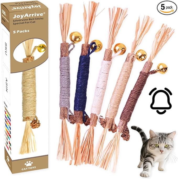 Natural Dried Matatabi Cat Chew Stick with Gall Fruit, Raffia Grass & Bell Cat Ball Toys, Handmade Silvervine Sticks Interactive Catnip Toys for Teething & Entertainment (Size M Color I)