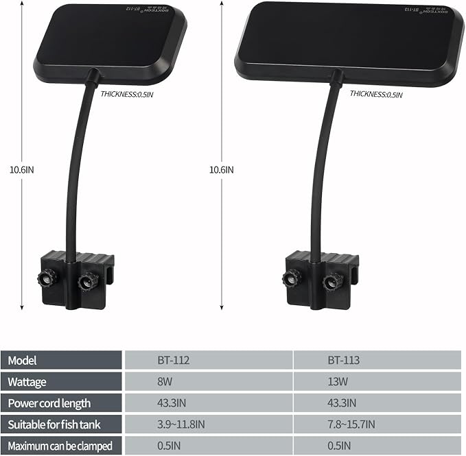 Small Aquarium Clip-On LED Light | 8W full-spectrum planted light with clamp, 4.53" for 3-6 gal tanks,USB-powered, white LED