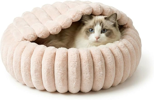 Cat Beds for Indoor Cats, 2 in 1 Cat Cave Bed Kitten Bed for Small Pets, Small Dog Bed with Cover, Pet Bed for Puppy and Kitten with Anti-Slip Bottom-Beige Pink-20 inches