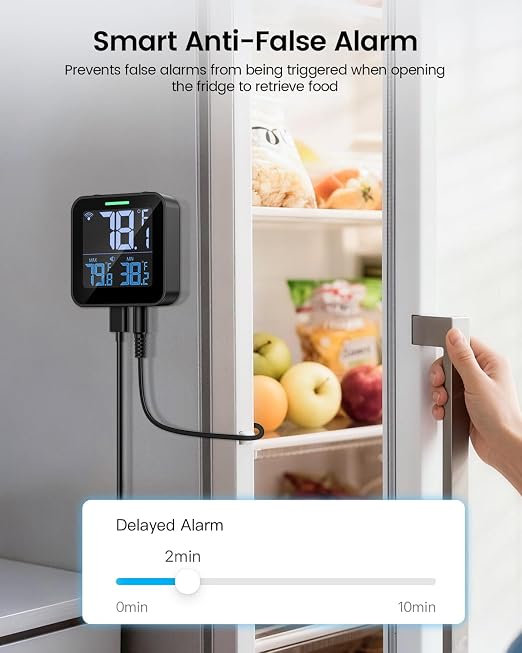 WiFi Refrigerator Thermometer, Freezer Alarm with LCD Display | Digital fridge monitor with app alerts & buzzer & indicator alarm, anti-false for kitchen, fish tank and hot tub, 2.4G Wi-Fi