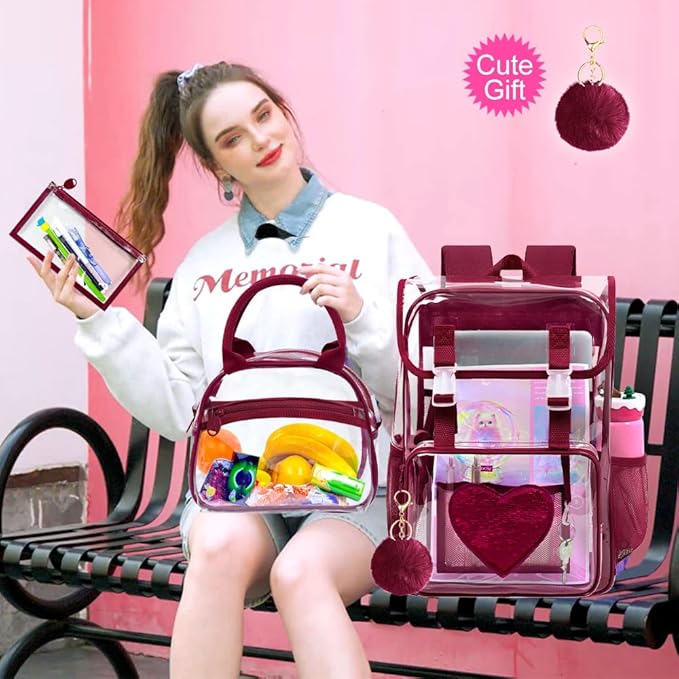 17" Sequin Clear Backpack for Girls - 3Pcs School Flip Design Stadium Approved Set, Gym/Concert Transparent Bookbag (Red)