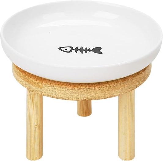 Shallow Elevated Cat Bowls with Bamboo Stand, 5.9 Inch Wide Ceramic Cat Dish Whisker Friendly,Pet Food and Water Plates