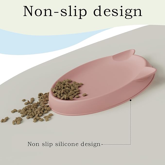 Cat Bowls for Indoor Gentle Small Kitten (2pcs, Soft Silicone) Shallow Wide Plates Feeder Whisker Fatigue Relief Cute Pet Kitty Food Water Dishes Set Anti Slip, Dishwasher Safe